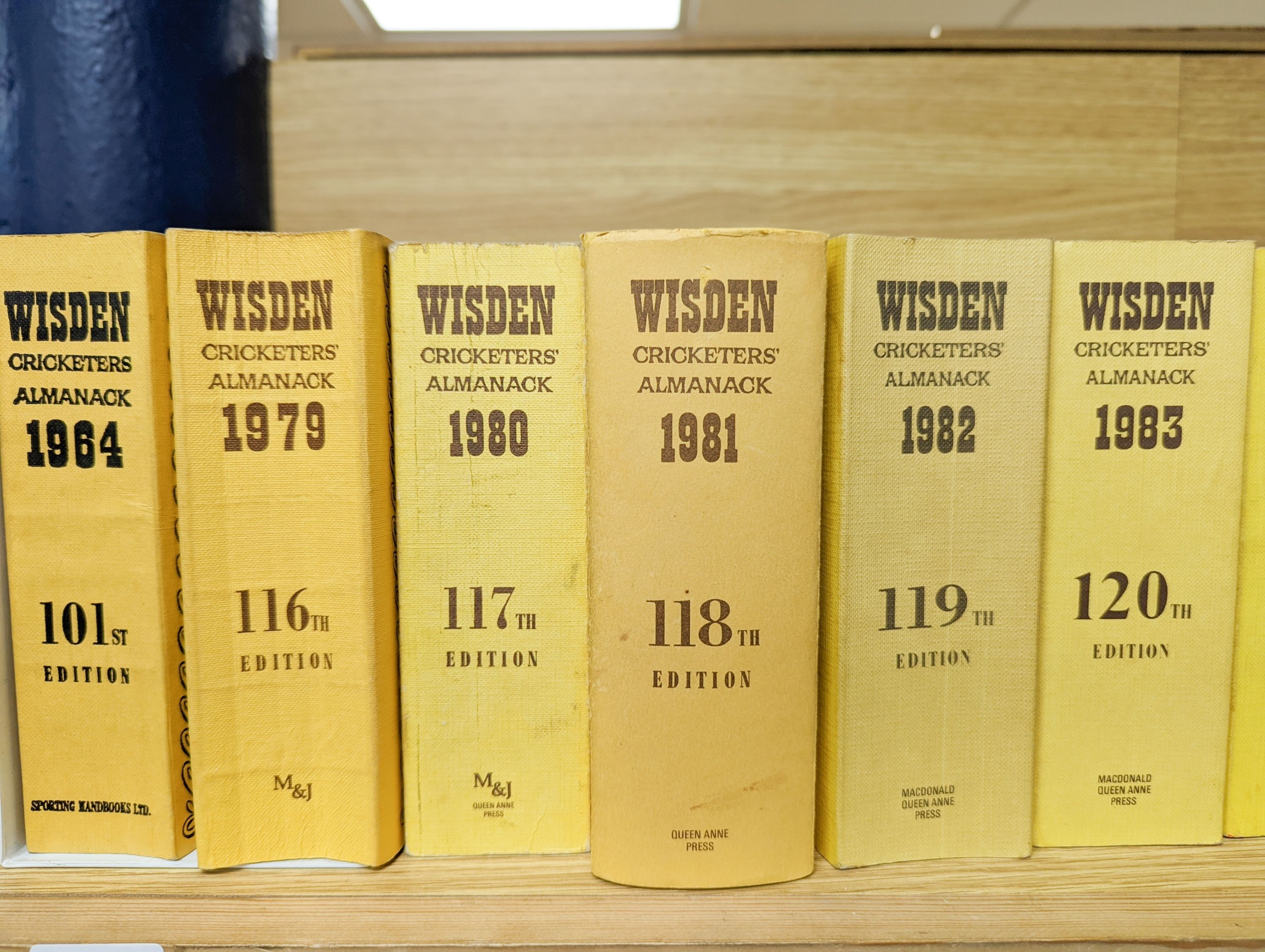 Wisdens Almanack, 73 volumes, 1947-1964, 1966-2020 and one other Wisden edition “On the Ashes”.